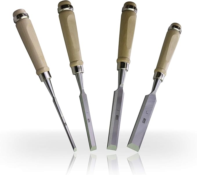 Woodworking 4 PC Wood Chisel Set Chrome-Vanadium Steel with Hornbeam Handles for Carpentry, Woodworking, Carving, Craftsman, 1/4 inch,1/2 inch,3/4 inch, 1 inch