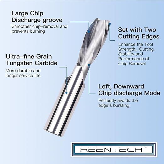 KEENTECH 1/2" Shank Downcut 2 Flute Flat Tip Sprial Router Bit for CNC Router Machine, 1/2" Cutting Diameter, 1-1/4" Cutting Depth, for Wood Cutting, Custom Furniture, Slot Mortise, Engraving