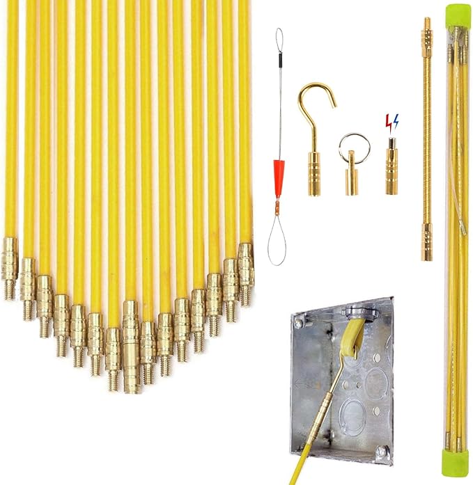 50' Fiberglass Cable Wire Running Rod Coaxial Electrical Connectable Fish Tape Pull Kit with Hook and Hole Kit in Transparent Tube, Yellow