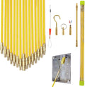 50' Fiberglass Cable Wire Running Rod Coaxial Electrical Connectable Fish Tape Pull Kit with Hook and Hole Kit in Transparent Tube, Yellow