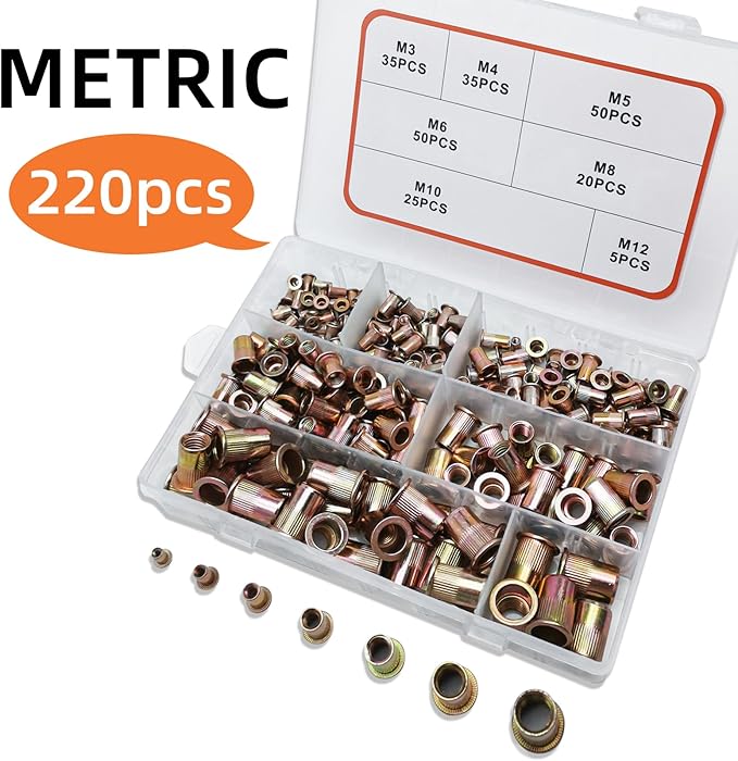 Metric Rivet Nut Kit, 220PCS Rivet Nuts Assortment Kit, Rivnut Kit, Nutsert Kit, Rivnuts Nutserts Kit, Flat Head M3 M4 M5 M6 M8 M10 M12