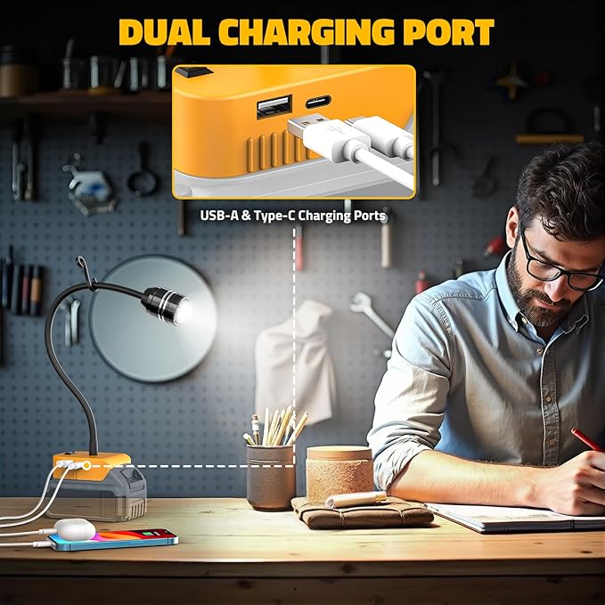 LIVOWALNY 2PCS LED Work Light Compatible with Dewalt 20V Battery, 20W 2000LM LED Flood Light, 12" Flexible Gooseneck, Flashlight with USB-A & Type-C Charging Port, Low Voltage Protection (No Battery)