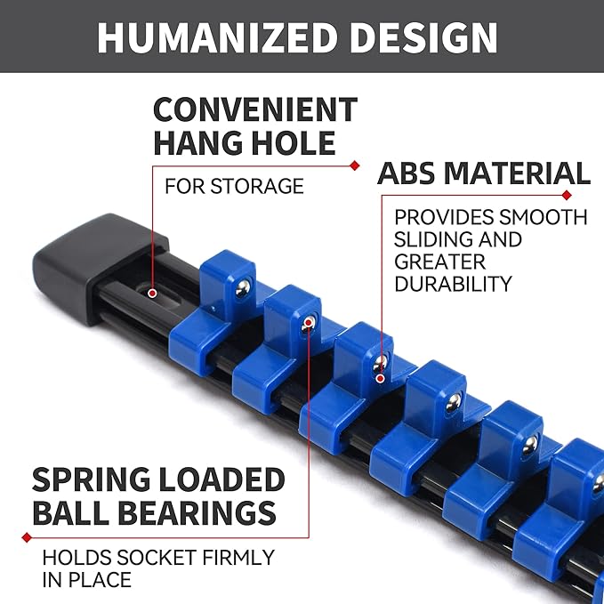 Socket Organizer Drive ABS Tools - Blue Socket Holder, Premium Quality 18 Pieces Socket Holders Kit 1/4-Inch x 96 Clips, 3/8-Inch x 90 Clips, 1/2-Inch x 72 Clips（18PC,Blue)