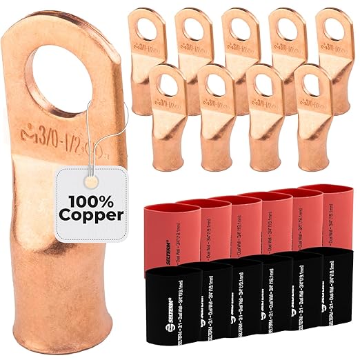SELTERM 10pcs - 3/0 Awg - 1/2" Stud - Battery Lugs - Ring Terminal Connectors | with 12pcs 3:1 Black & Red Heat Shrink Tubing with Adhesive | Heavy Duty Battery Cable Ends - Bare Copper Wire Lugs Kit
