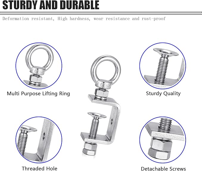 4-Pack Small C Clamps – 304 Stainless Steel Beam Clamps with M10 Screw Ring | Adjustable, Rust-Resistant I Beam Clamps for Ring Beams, Welding, Woodworking, Plants & Desk Use. Wide Jaw Openings (45MM)