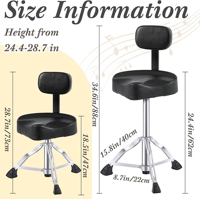 Sintuff Drum Throne with Backrest, Heavy Duty Adjustable Padded Hydraulic Drum Chair, Motorcycle Height Stool with Stable Bass Memory Foam Seat for Adult Drummers Guitar Players(Black,Classic)