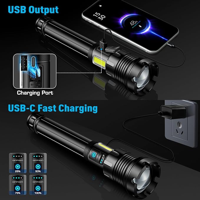 9000 High Lumens Flashlight Rechargeable with COB Work Light Super Bright LED Flashlights Heavy Duty&14 Modes &Waterproof Tactical Powerful Flashlight for Emergencies,Camping,Hiking,Outdoor,Indoor