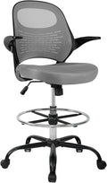 HYLONE Tall Drafting Chair Standing Desk Chair with Flip-Up Armrests, Adjustable Height Ergonomic Office Chair with Footrest Ring - High Stool Chair for Standing Desk（Grey）