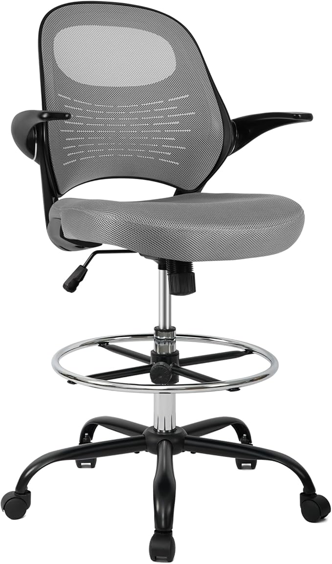 HYLONE Tall Drafting Chair Standing Desk Chair with Flip-Up Armrests, Adjustable Height Ergonomic Office Chair with Footrest Ring - High Stool Chair for Standing Desk（Grey）