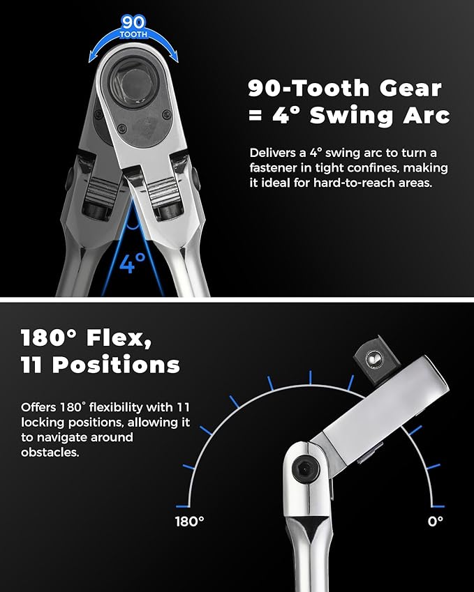 toolant Stubby 3/8" Drive Flex Head Ratchet, 90 Tooth Compact Flex Head Socket Ratchet Wrench, 4.7 Inch Length