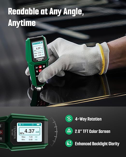 TESMEN TCG-2001 Paint Thickness Gauge for Cars, Digital Paint Meter with Data Bar Graph, 4-Way Backlit Color Screen, Car Paint Mil Thickness Tester with Limit Alarm for Used Car Buyers - Green