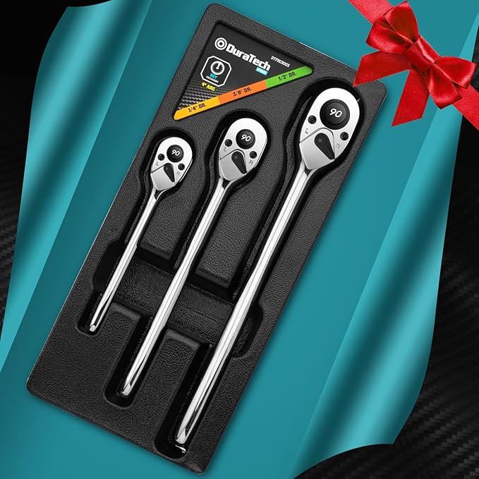 DURATECH 3-Piece Ratchet Set, 1/4", 3/8", 1/2" Drive, 90-Tooth, Quick-release, Contour Handle Designed for Better Grip, Alloy Steel, Organized in Plastic Tray