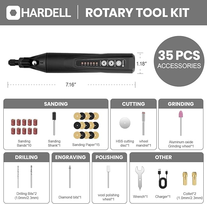 HARDELL Mini Cordless Rotary Tool 4V, 6 Variable Speeds Rotary Tool Kit with 35pcs Accessories, 2000mAh Rechargeable Power Rotary Tools, for Carving, Sanding, Engraving, Grinding, Cutting