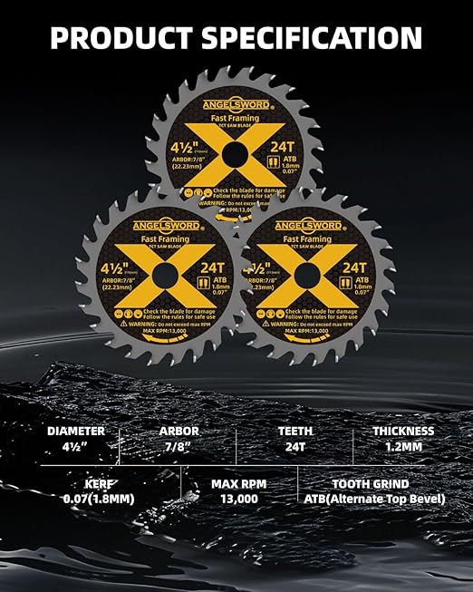 ANGELSWORD 4-1/2 Inch Circular Saw Blade, 7/8" Arbor 24T, Used on Angle Grinder for Framing, Fast Wood Cutting, 3 Pack, with 3/8"&5/8" Bushing