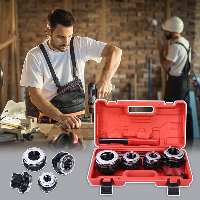 Pipe Thread Kit, Manual Plumber Pipe threader, Ratcheting Threading Tool Set with Storage Case