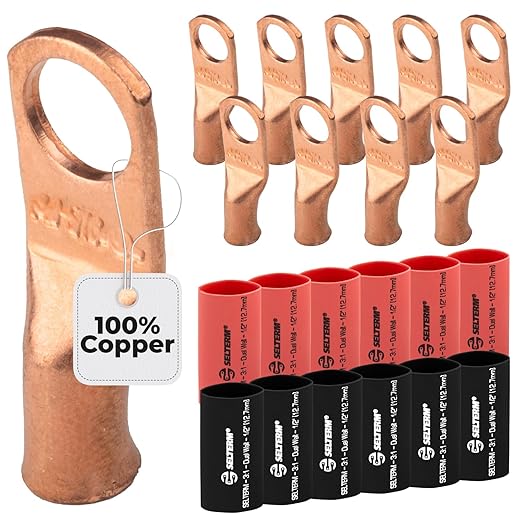 SELTERM 10pcs - 8 Awg - 5/16" Stud - Battery Lugs - Ring Terminal Connectors | with 12pcs 3:1 Black & Red Heat Shrink Tubing with Adhesive | Heavy Duty Battery Cable Ends - Bare Copper Wire Lugs Kit