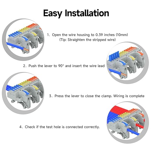 2Pcs Lever Wire Connectors, 3 in 15 Out, Push-in, Quick Wiring DIN Terminal Blocks, 0.75-2.5(4) mm², 600V 32A, 36Pcs Wire Ferrules Terminals & 6.89 Inch DIN Rail Included