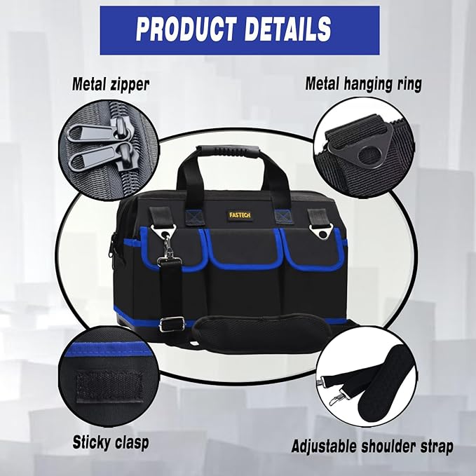 20 Inch Tool Bag, Waterproof Wide Mouth Tool Kit, Heavy Duty Tool Bag Organizer With Shoulder Straps and Molded Base, Tool Storage Package For Screwdrivers, Pliers, Nut Drivers (Blue20IN)