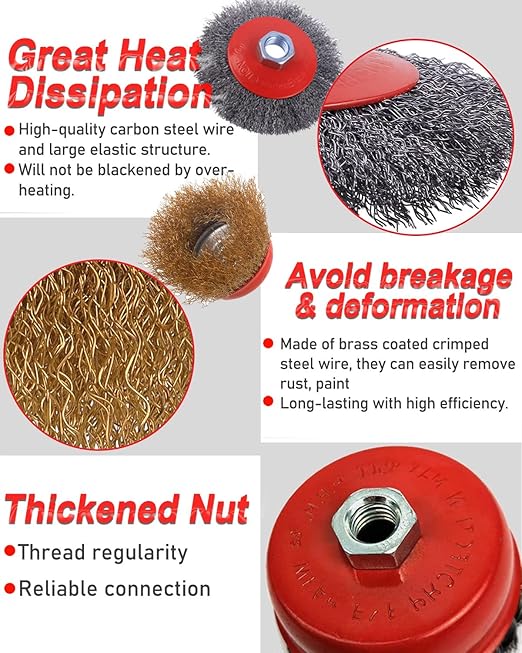 4 Inch Wire Wheel Cup Brush Set, Coarse Twisted Knotted Wire Wheel for Angle Grinder, 5/8 Inch-11 Threaded Arbor, 0.020" Carbon Steel Wire Brush for Grinder, Deep Sanding Heavy Rust, Paint