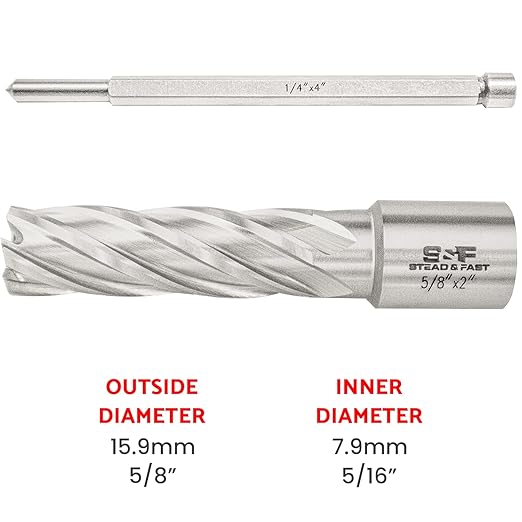 S&F STEAD & FAST HSS Annular Cutter 5/8" Cutting Diameter 2" Depth of Cut, 3/4" Weldon Shank, Mag Drill Bit with Pilot Pin for Magnetic Drill Press