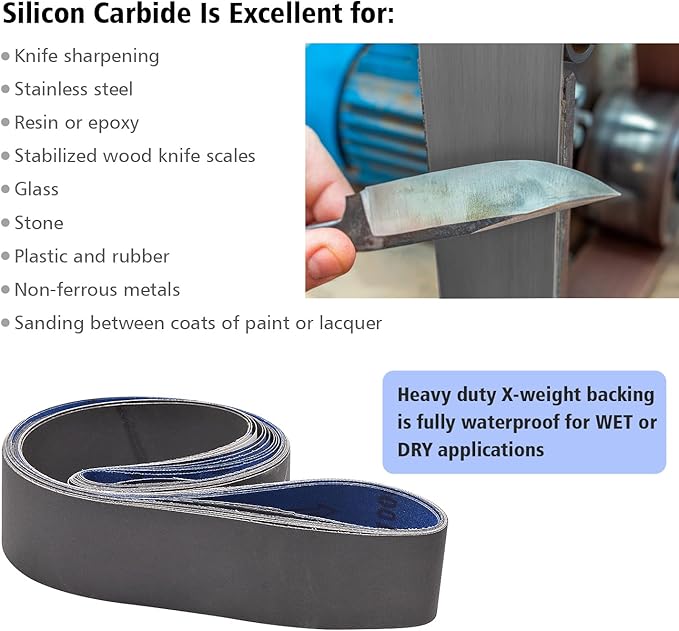 2 X 72 Inch Silicon Carbide Extra Fine Grit Sanding Belts 600, 800, 1000 Grits, 2x72 Grinding Belts for Knife Sharpening, 6 Pack Assortment