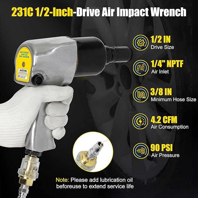 231C 1/2-inch-Drive Air Impact Wrench - 300 ft-lbs High Torque, Lightweight Industrial 231c Impact Tool (5 forward and reverse gears) for Automotive & Heavy Machinery - with Ergonomic Grip