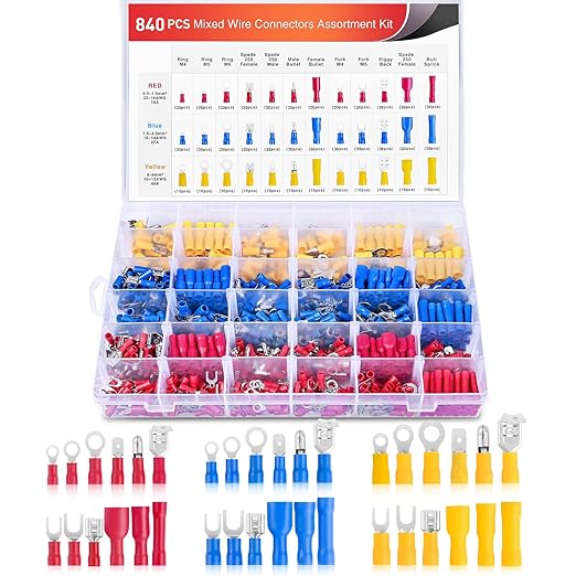 Nilight 840pcs Mixed Quick Disconnect Connector Butt Splice Ring Fork Spade Bullet Piggy Back Insulated Terminal Crimp Assortment Kit for Automotive Wiring Projects