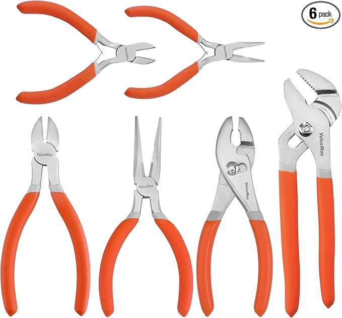ValueMax 6-Piece Pliers Set, Includes 6 Inch& 4-3/4 Inch Long Nose Pliers, 6 Inch& 4-1/4 Inch Diagonal Pliers, 6 Inch Slip Joint Pliers, 8 Inch Groove Joint Pliers, Dipped Handle for DIY& Home Use