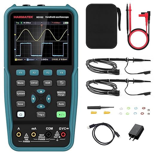 HANMATEK Handheld Digital Oscilloscope 100Mhz Bandwidth with 2 Channels HO102 3.5"TFT Mini Oscilloscope, 2 in 1 Oscilloscope and Multimeter, Backlit Screen, Auto-Calibration Function, Memory Function