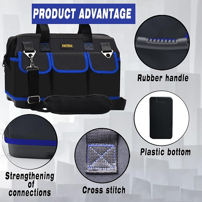 18 Inch Tool Bag, Waterproof Wide Mouth Tool Kit, Heavy Duty Tool Bag Organizer With Shoulder Straps, Tool Storage Package For Men/Women (Blue18IN)