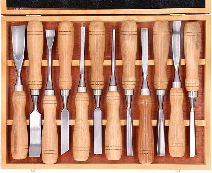 Cunyuer 12 PCS Wood Carving Tools, 60CRV Blade Wood Chisel Sets with Wooden Case, Woodworking Chisel for DIY Handicrafts