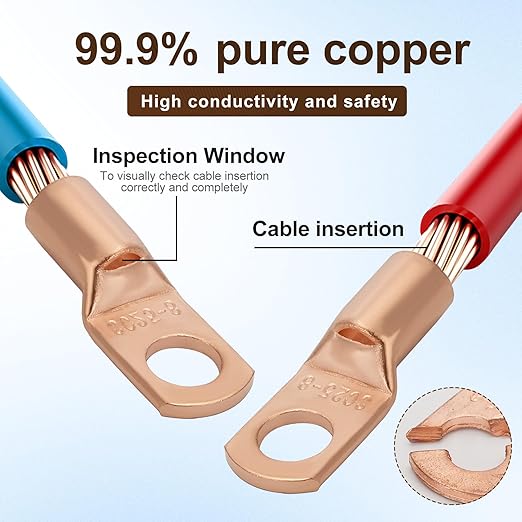 Thick Copper Electric Wire Lugs,10Pcs Bare Copper Gauge 4Awg-5/16(M8) Ring Heavy Duty Battery Cable Lugs Ends Ring Terminals Connectors with 10Pcs 3:1 Heat Shrink Tubing Assortment Kit