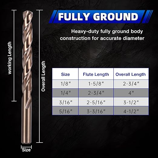 5/16 Inch Cobalt Drill Bit Set (10Pcs), M35 Fully Grounded 5% Cobalt Bits for Hardened Metals, Stainless Steel, Cast Iron and Wooden Plastics, with Storage Box
