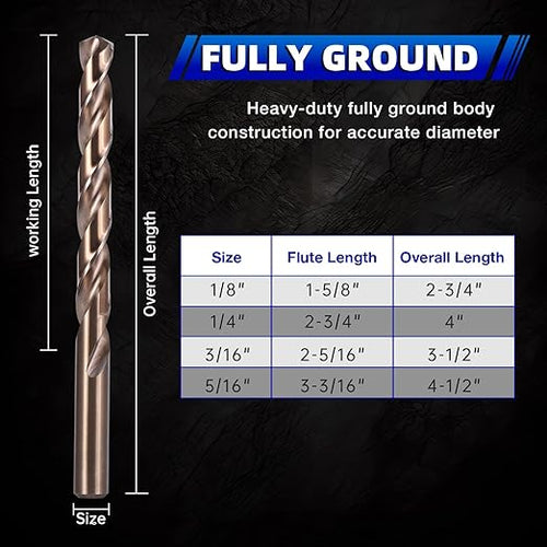 1/8 Inch Cobalt Drill Bit Set (10Pcs), M35 Fully Grounded 5% Cobalt Bits for Hardened Metals, Stainless Steel, Cast Iron and Wooden Plastics, with Storage Box