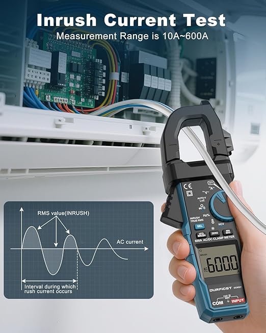 Clamp Meter DURFICST Digital Inrush Clamp Multimeter AC/DC 600A 6000 Counts Amp Voltage Tester with VFD, LOZ Mode，Measures AC/DC Current Voltage NCV Temperature Resistance Capacitance Frequency
