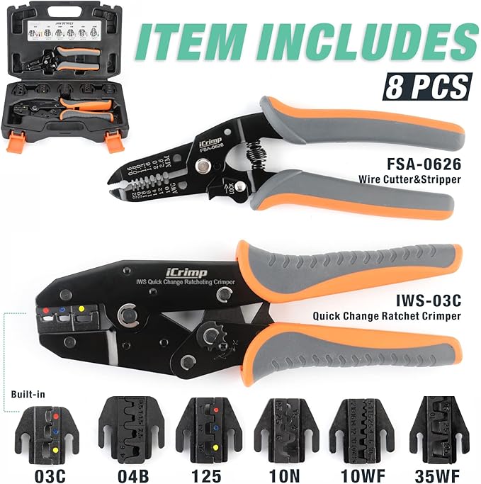 iCrimp Ratcheting Crimping Tool Set 8 PCS - Quick Exchange Jaw for Heat Shrink, Open Barrel, Insulated and Non-Insulated Ferrules AWG 20-2