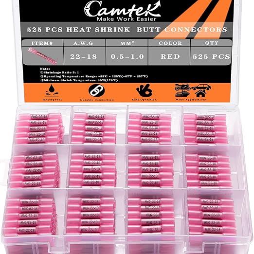 525PCS Heat Shrink Butt Connectors Red 22-18 AWG, Insulated Waterproof Electrical Wire Connectors Marine Grade Tinned Red Copper Crimp Splice Terminals for Marine,Truck,Stereo