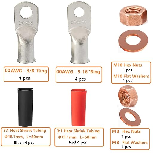 SVAAR 2/0 AWG Battery Cable Lugs,00 Gauge Tinned Copper Lugs 2/0 AWG 3/8" & 5/16" Battery Cable Ends,00 Gauge Lugs Ring Terminal Battery Lugs with 3:1 Heat Shrink Tube+Hex Nut+Flat Washer