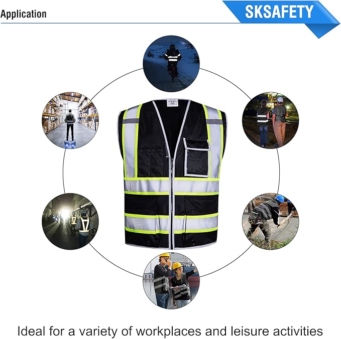 SKSAFETY 10 Pockets Safety Vest, Class 2 High Visibility Security with Zipper, Hi Vis Vest with Reflective Strips, ANSI/ISEA Standard, Construction Work Vest for Men ＆ Women （Black, L）