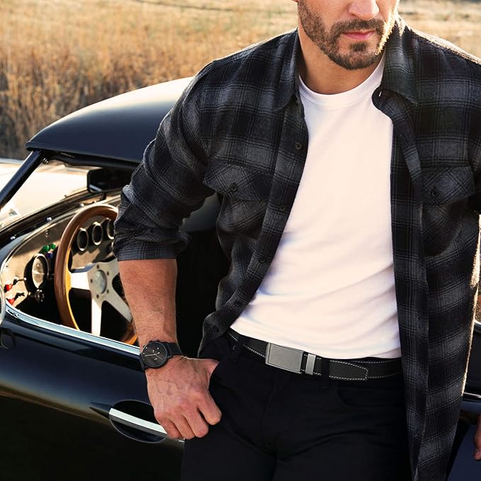 SlideBelts Full Grain Leather Belt with Contrast Stitching - Custom Fit for Adult Men, Golfers