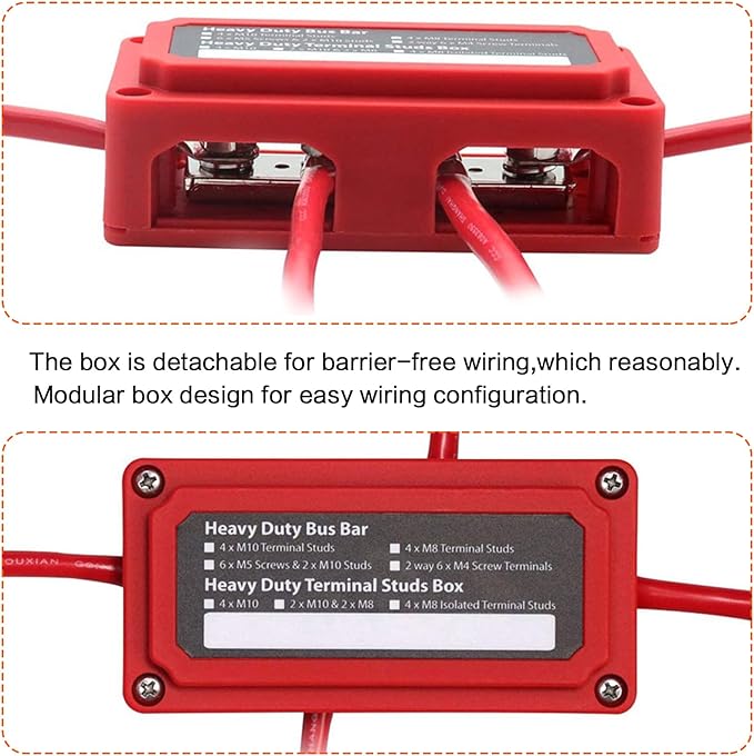 2pcs 300A Bus Bar Box Nickel Plated Brass Power Distribution Block with 4xM8 (5/16 inch) Positive Negative Ground Battery Junction Block Buss Bar with Cover DC12 24 48V（Red & Black）