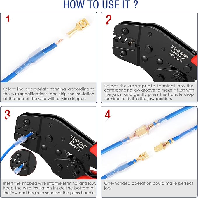TUBTAP Spade Connector Tool 22-16 AWG Bullet Connectors - Ratcheting Wire Terminal Crimper, Wire Crimping Tool
