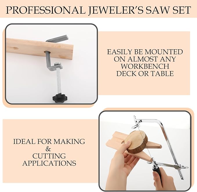 Lasnten 3 in 1 Professional Jeweler's Saw Set Saw Frame Adjustable with 144 Blades Wooden Bench Pin Clamp Set V-slot Bench Pin Jewelers Versatile Tools for Precise Jewelry Making DIY Wood Metal