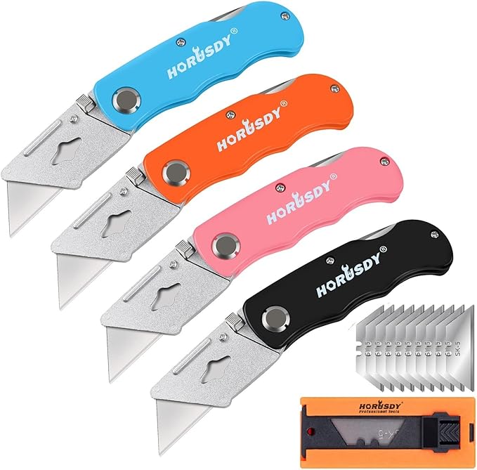 HORUSDY 4-Pack Folding Utility Knife, Box Cutter for Cardboard, Boxes and Cartons, Extra 10pcs SK5 Quick Change Blades.