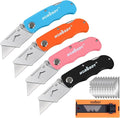 HORUSDY 4-Pack Folding Utility Knife, Box Cutter for Cardboard, Boxes and Cartons, Extra 10pcs SK5 Quick Change Blades.