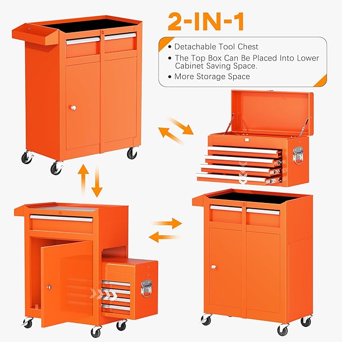 INTERGREAT Tool Chest Cabinet, 5-Drawer Rolling Tool Chest with Detachable Top Tool Box, Tool Chests with Universal Lockable Wheels, Metal Tool Cart for Garage, Workshop, Barbershop(Orange)