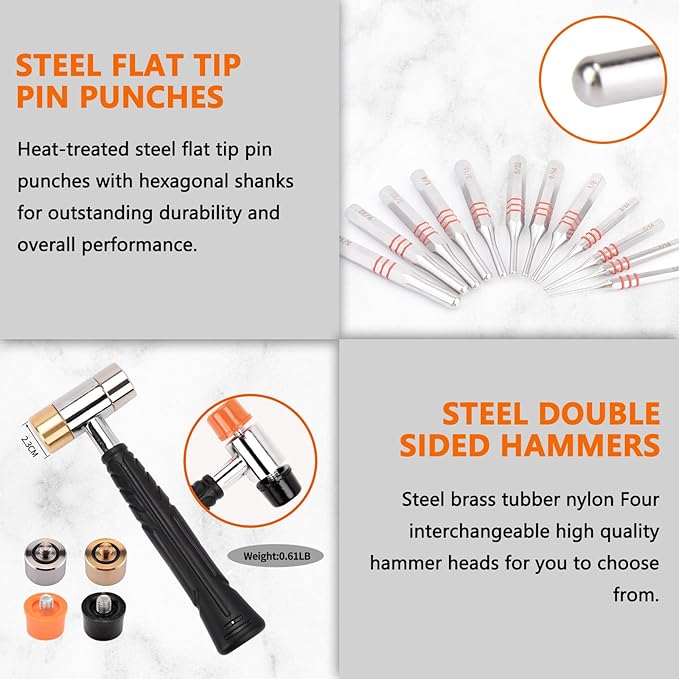 Pridefend Punch Set, Roll Pin Punch Set Made of Solid Metal Material,Elite Tool Including Steel Pin Punch Set, Roll Pin Starter Punch and Hammer,with Organizer Storage Box (with Bench Block)