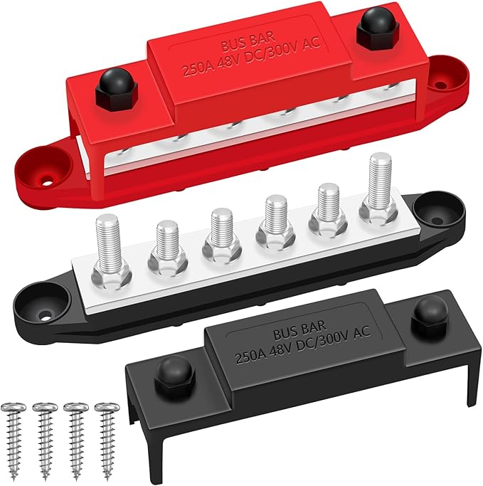 250A 12V Bus Bar Marine, 1/4" Power Distribution Block, Battery Buss Bar, Automotive Busbar Terminal Block for Car and Boat, 6 x 1/4"(M6) Studs (Black+Red)