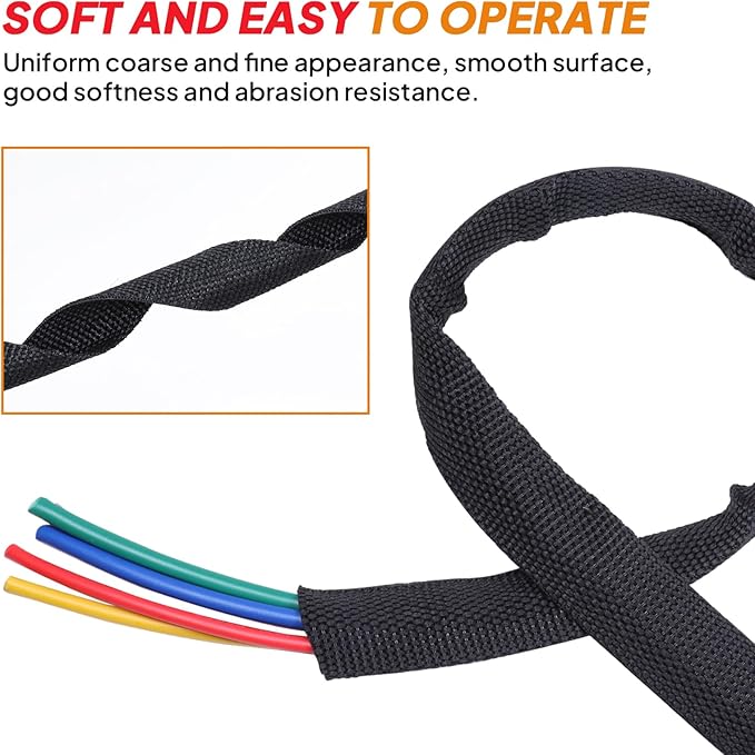 Black 2:1 Ratio Automotive Heat Shrink Braided Sleeving,Wear-Resistant Flat Woven Shrinkable Sleeve Fabric Car Cable Wires Hoses Protection (1-1/8"-8ft)