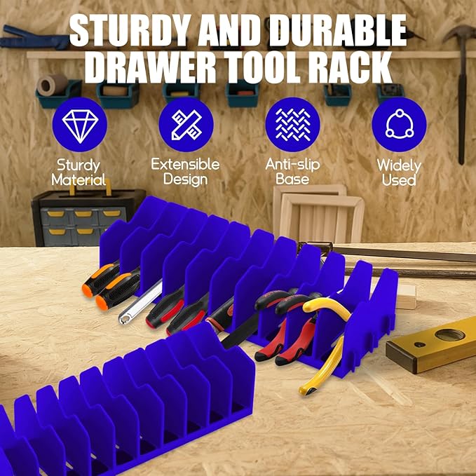 2 Pack Plier Orgainzer Rack, 20 Slots Tool Organizer Rack with Extendable Design & Non-Slip Rubber Base, Fits 3" H, Toolbox Organizer for Pliers, Wrenches, Screwdrivers and More,Blue
